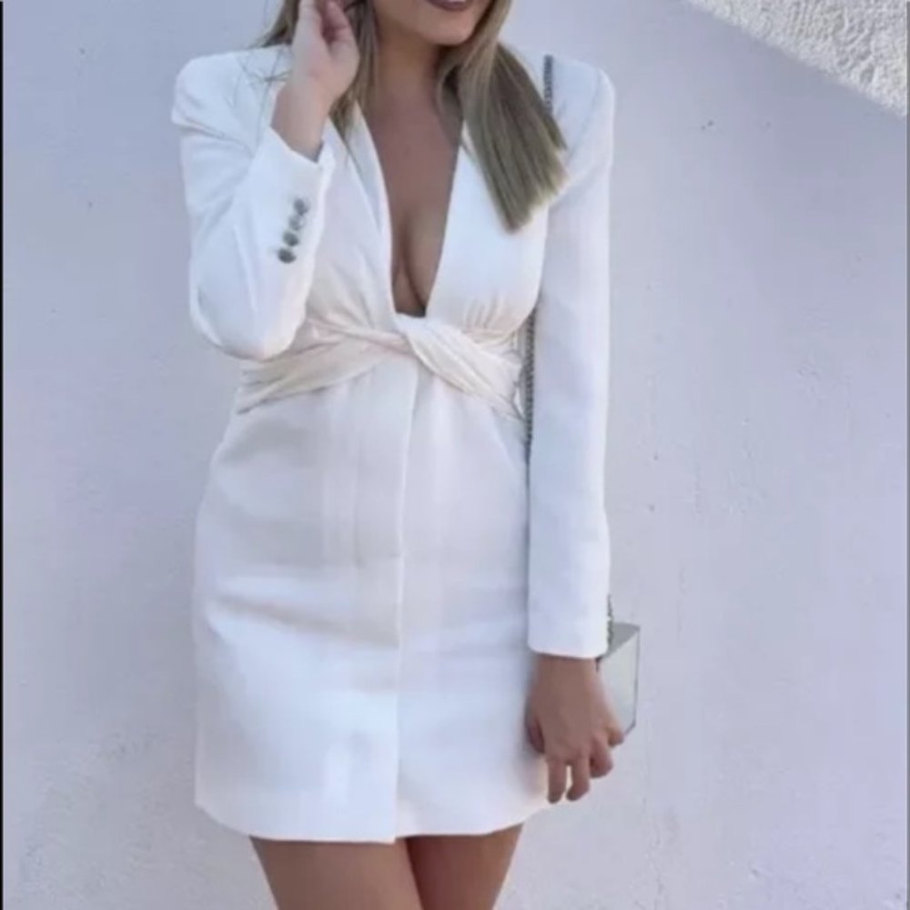 Zara Draped Blazer Jacket Dress White Long Sleeve Size M